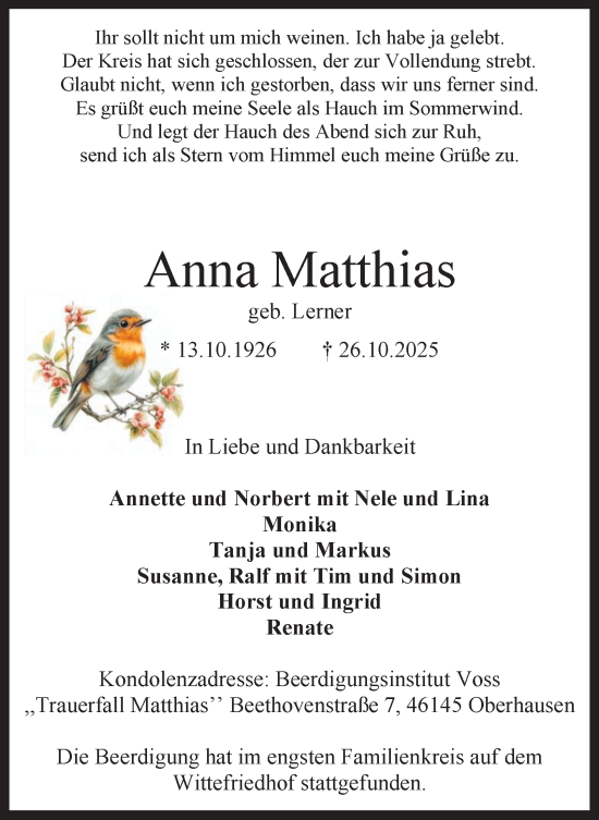 Traueranzeige von Anna Matthias von Tageszeitung