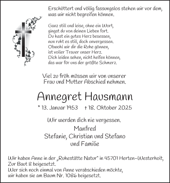 Traueranzeige von Annegret Hausmann von Tageszeitung