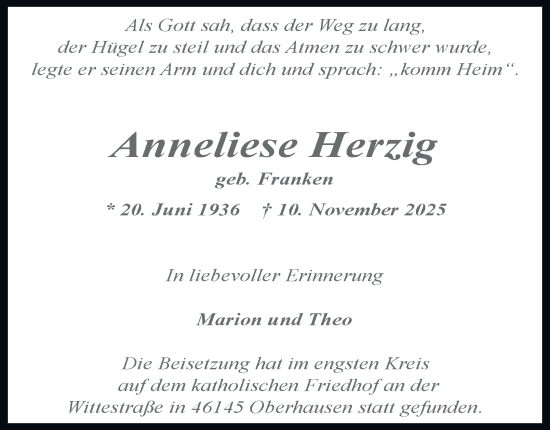 Traueranzeige von Anneliese Herzig von Tageszeitung