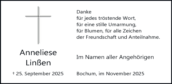 Traueranzeige von Anneliese Linßen von Tageszeitung