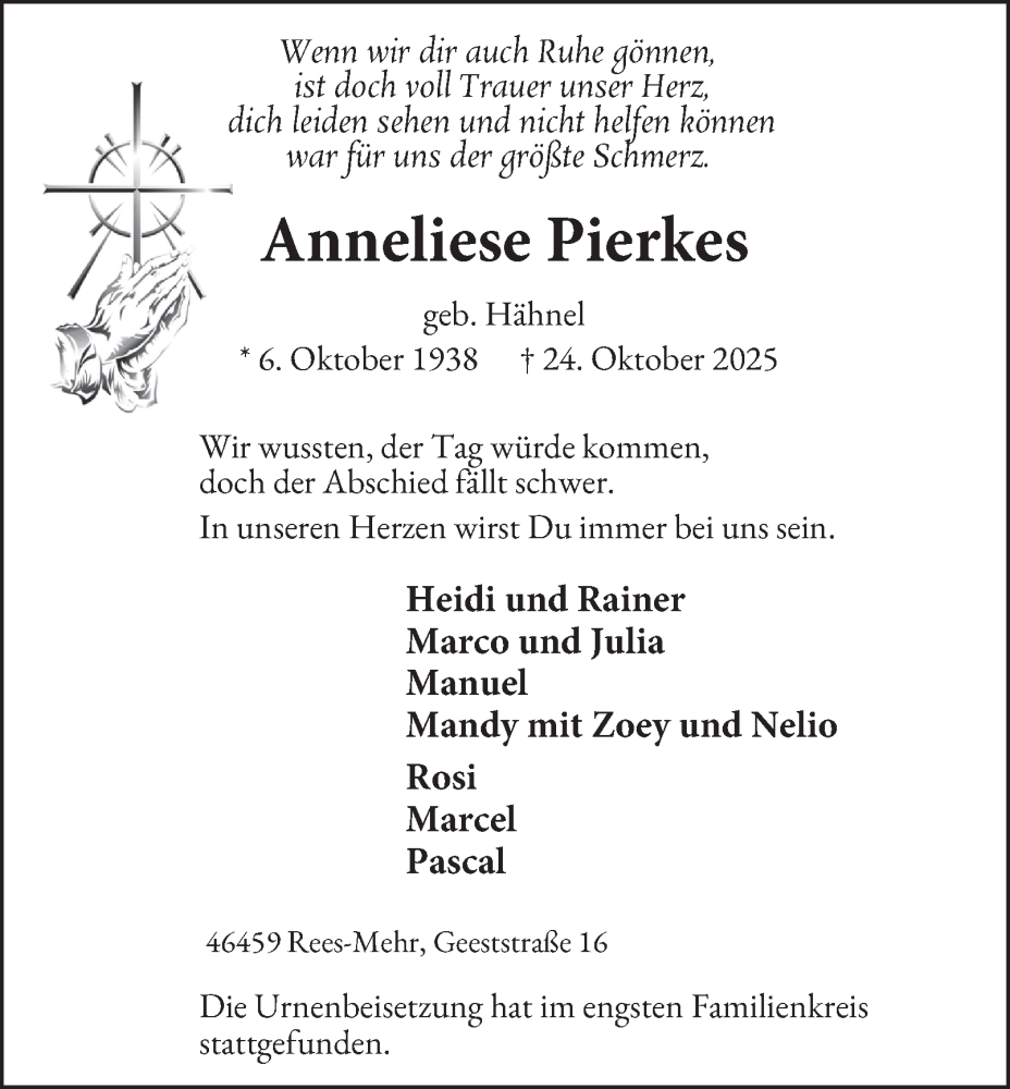  Traueranzeige für Anneliese Pierkes vom 08.11.2025 aus Tageszeitung