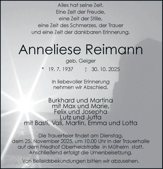 Traueranzeige von Anneliese Reimann von Tageszeitung