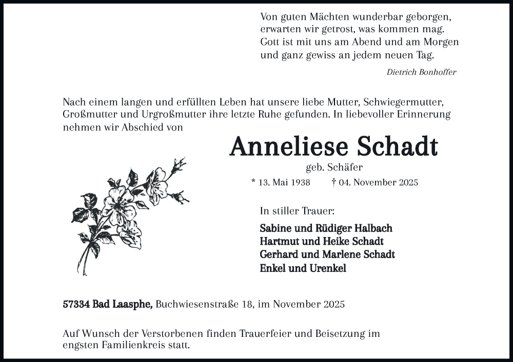  Traueranzeige für Anneliese Schadt vom 08.11.2025 aus Tageszeitung