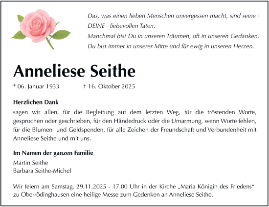 Traueranzeige von Anneliese Seithe von Tageszeitung