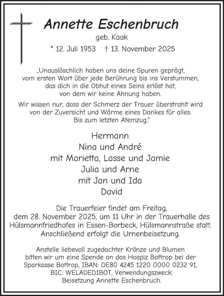  Traueranzeige für Annette Eschenbruch vom 22.11.2025 aus Tageszeitung