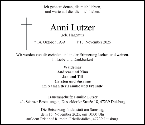 Traueranzeige von Anni Lutzer von Tageszeitung