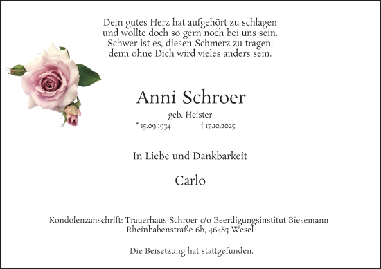 Traueranzeige von Anni Schroer von Tageszeitung