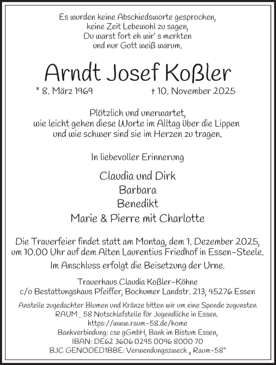 Traueranzeige von Arndt Josef Koßler von Tageszeitung