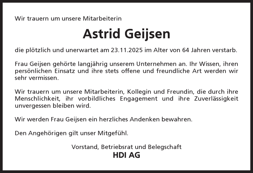  Traueranzeige für Astrid Geijsen vom 29.11.2025 aus Tageszeitung