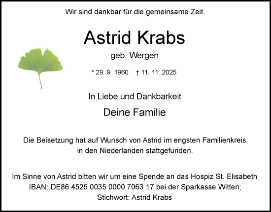 Traueranzeige von Astrid Krabs von Tageszeitung