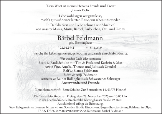 Traueranzeige von Bärbel Feldmann von Tageszeitung