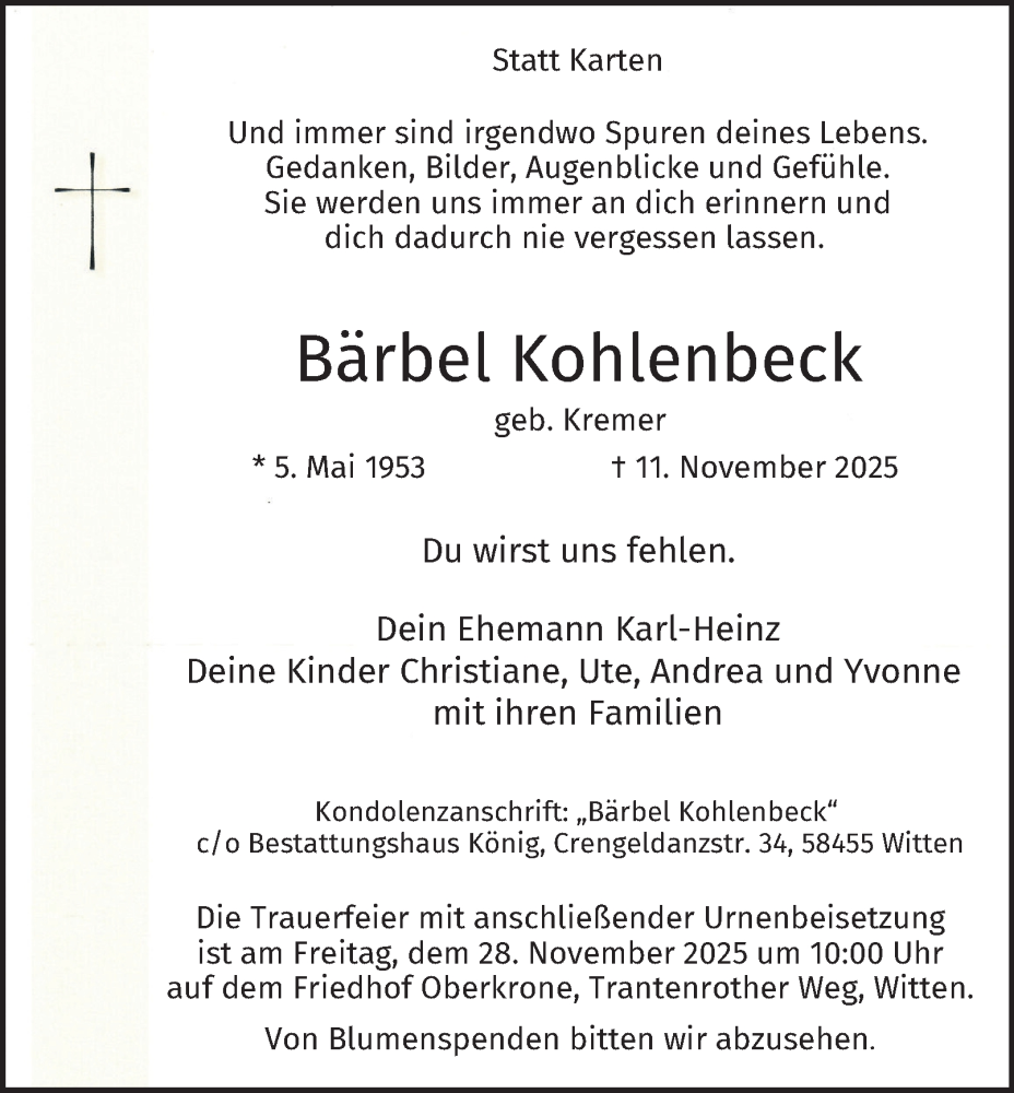  Traueranzeige für Bärbel Kohlenbeck vom 22.11.2025 aus Tageszeitung