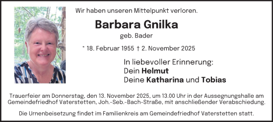 Traueranzeige von Barbara Gnilka von Tageszeitung