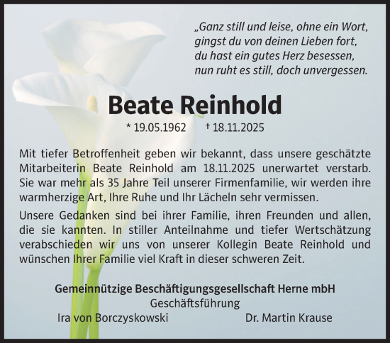 Traueranzeige von Beate Reinhold von Tageszeitung