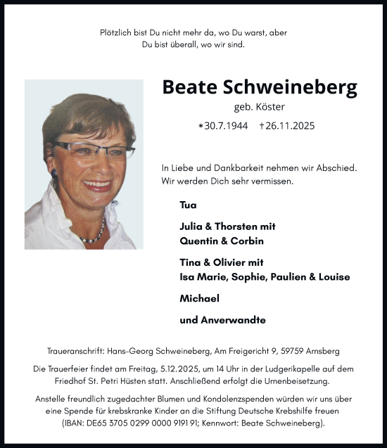Traueranzeige von Beate Schweineberg von Tageszeitung