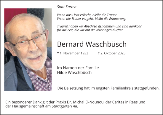 Traueranzeige von Bernard Waschbüsch von Tageszeitung