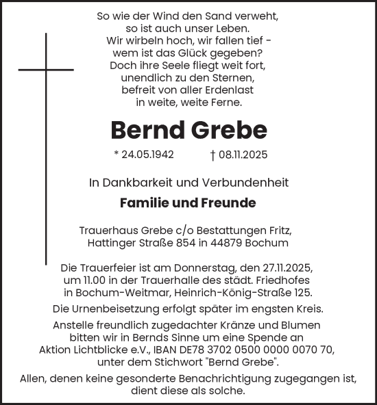 Traueranzeige von Bernd Grebe von Tageszeitung