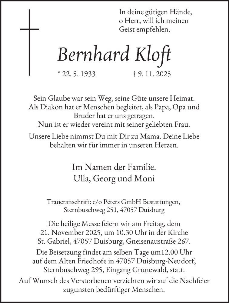  Traueranzeige für Bernhard Kloft vom 15.11.2025 aus Tageszeitung