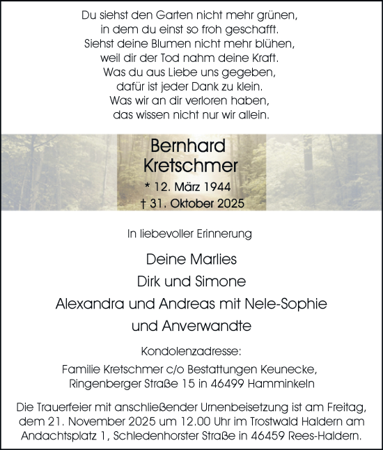 Traueranzeige von Bernhard Kretschmer von Tageszeitung