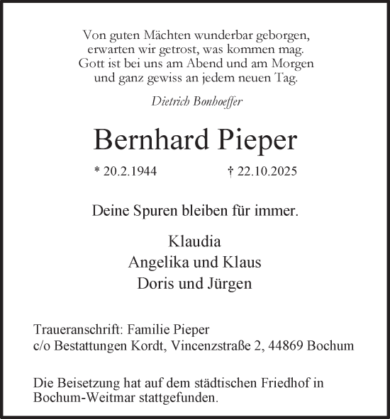 Traueranzeige von Bernhard Pieper von Tageszeitung
