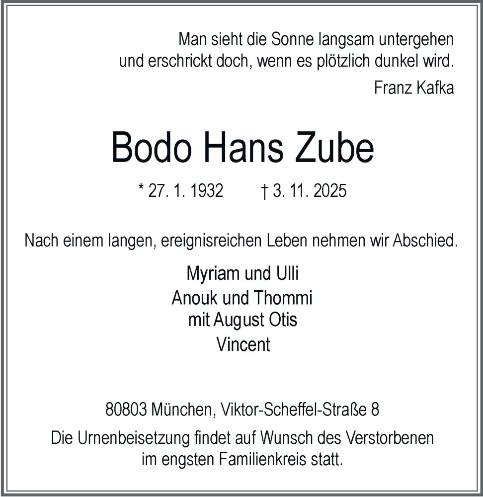  Traueranzeige für Bodo Hans Zube vom 22.11.2025 aus Tageszeitung