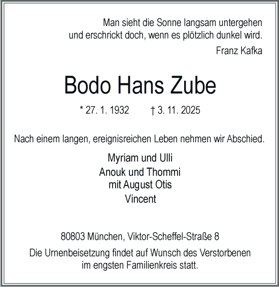 Traueranzeige von Bodo Hans Zube von Tageszeitung