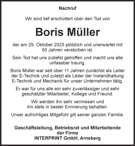Traueranzeige von Boris Müller von Tageszeitung