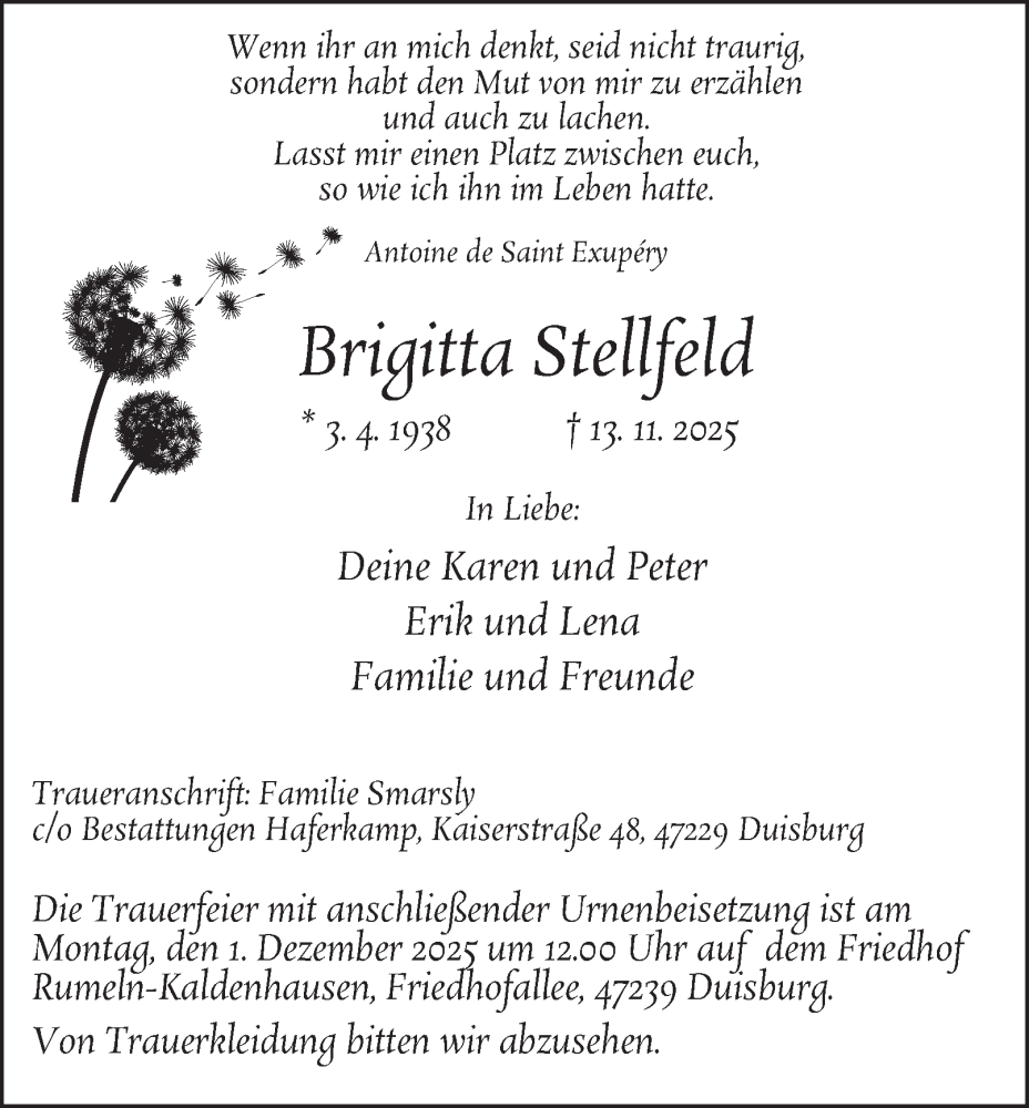  Traueranzeige für Brigitta Stellfeld vom 22.11.2025 aus Tageszeitung