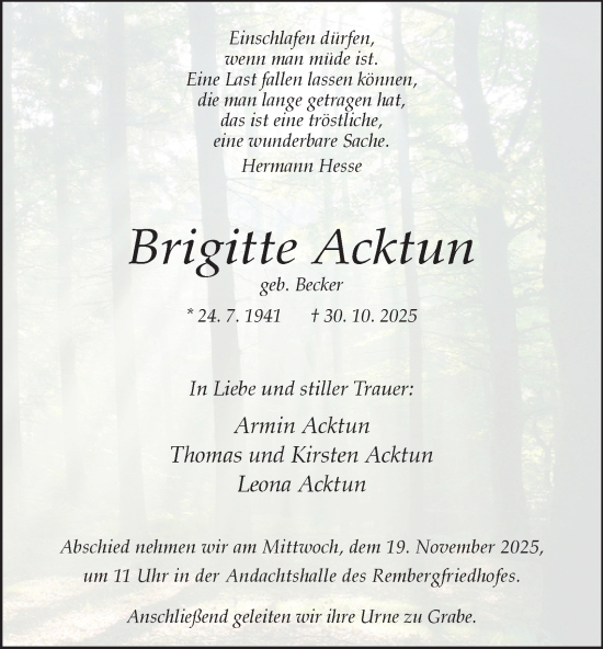 Traueranzeige von Brigitte Acktun von Tageszeitung