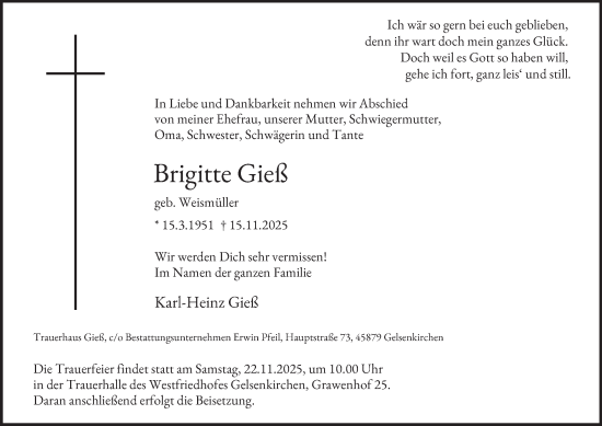 Traueranzeige von Brigitte Gieß von Tageszeitung