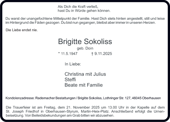 Traueranzeige von Brigitte Sokoliss von Tageszeitung