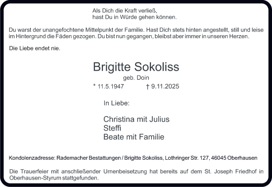 Traueranzeige von Brigitte Sokoliss von Tageszeitung