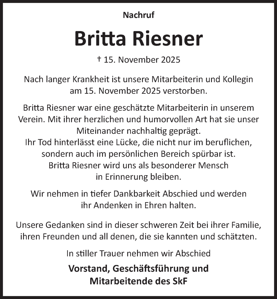  Traueranzeige für Britta Riesner vom 29.11.2025 aus Tageszeitung