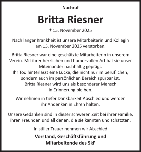 Traueranzeige von Britta Riesner von Tageszeitung