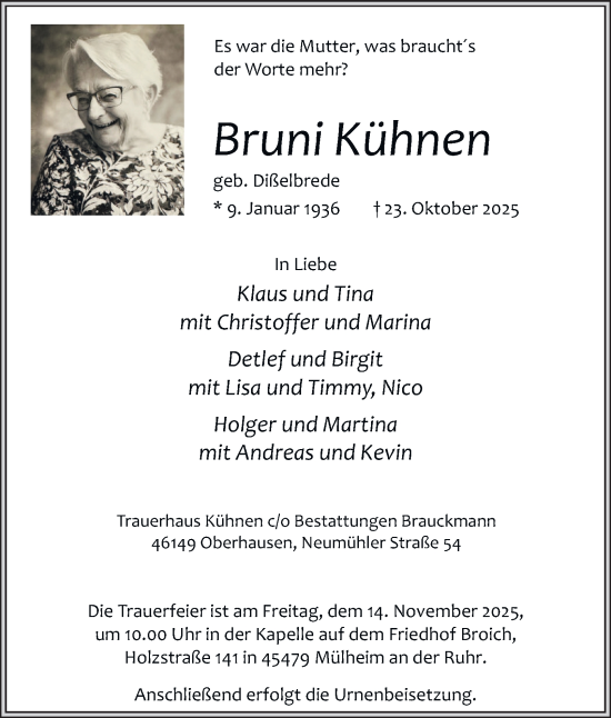 Traueranzeige von Bruni Kühnen von Tageszeitung