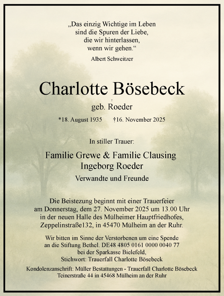  Traueranzeige für Charlotte Bösebeck vom 22.11.2025 aus Tageszeitung