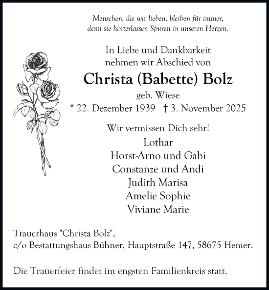 Traueranzeige von Christa Bolz von Tageszeitung