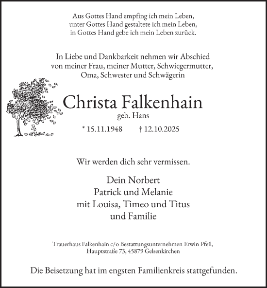 Traueranzeige von Christa Falkenhain von Tageszeitung
