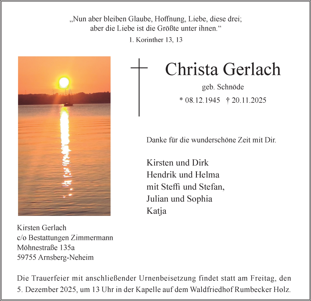  Traueranzeige für Christa Gerlach vom 29.11.2025 aus Tageszeitung