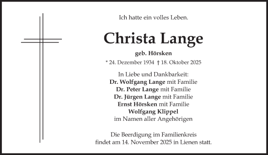 Traueranzeige von Christa Lange von Tageszeitung