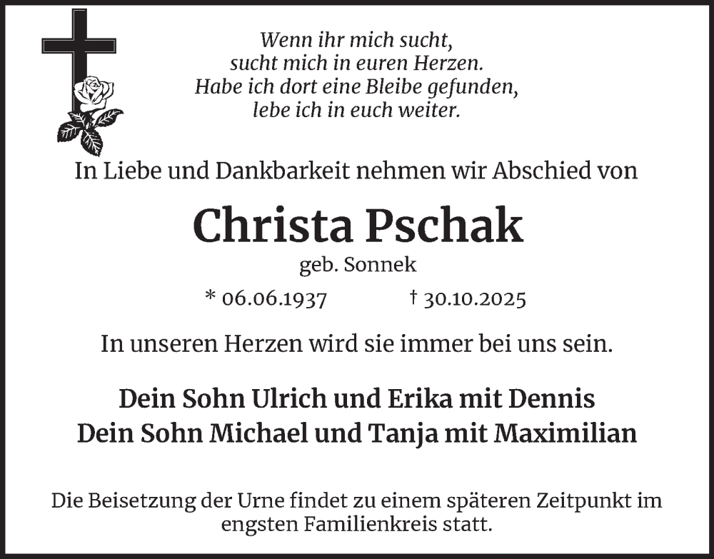  Traueranzeige für Christa Pschak vom 15.11.2025 aus Tageszeitung