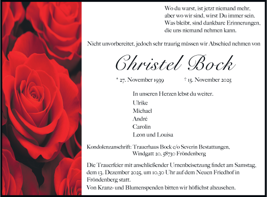 Traueranzeige von Christel Bock von Tageszeitung