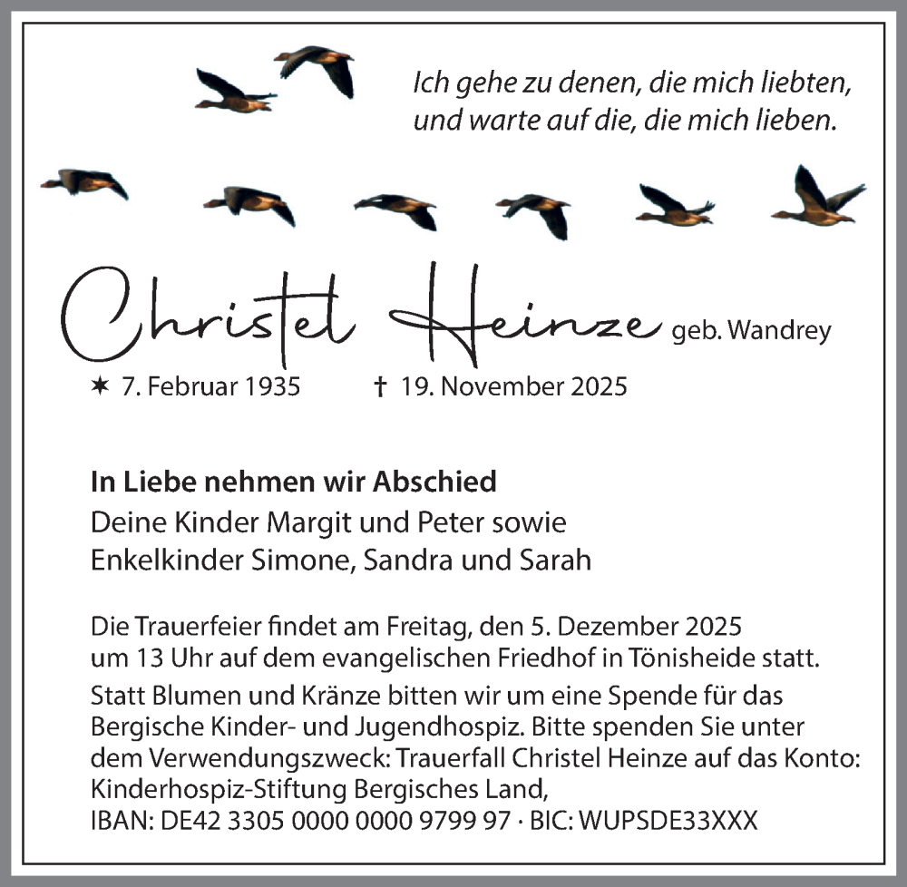  Traueranzeige für Christel Heinze vom 29.11.2025 aus Tageszeitung