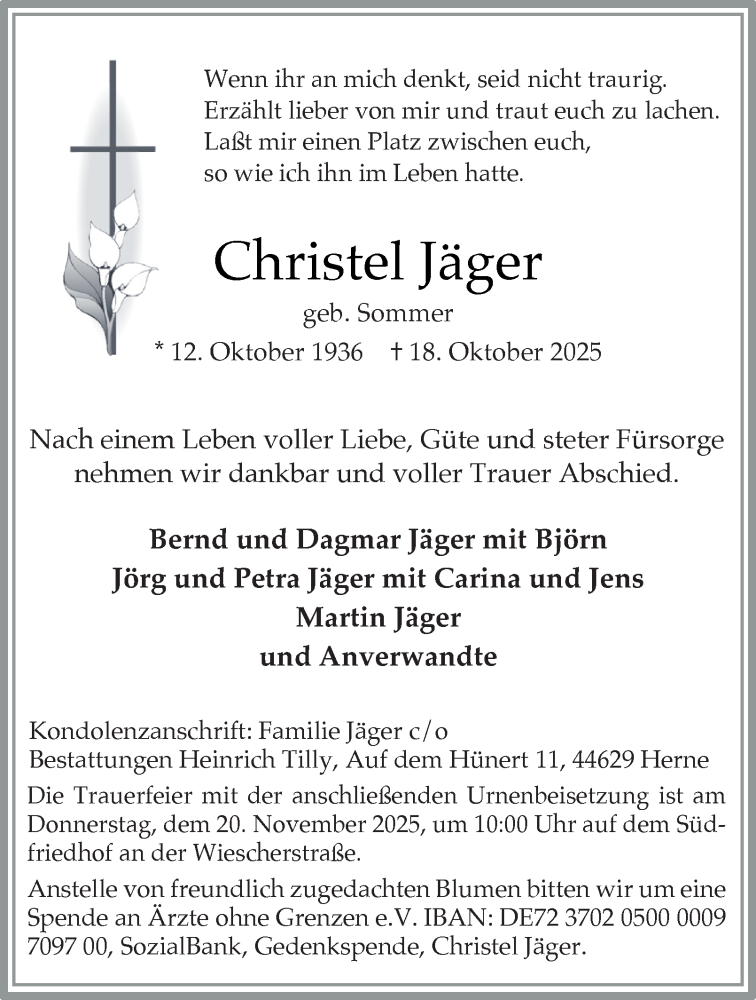  Traueranzeige für Christel Jäger vom 08.11.2025 aus Tageszeitung