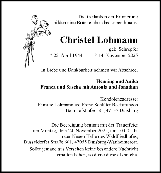 Traueranzeige von Christel Lohmann von Tageszeitung