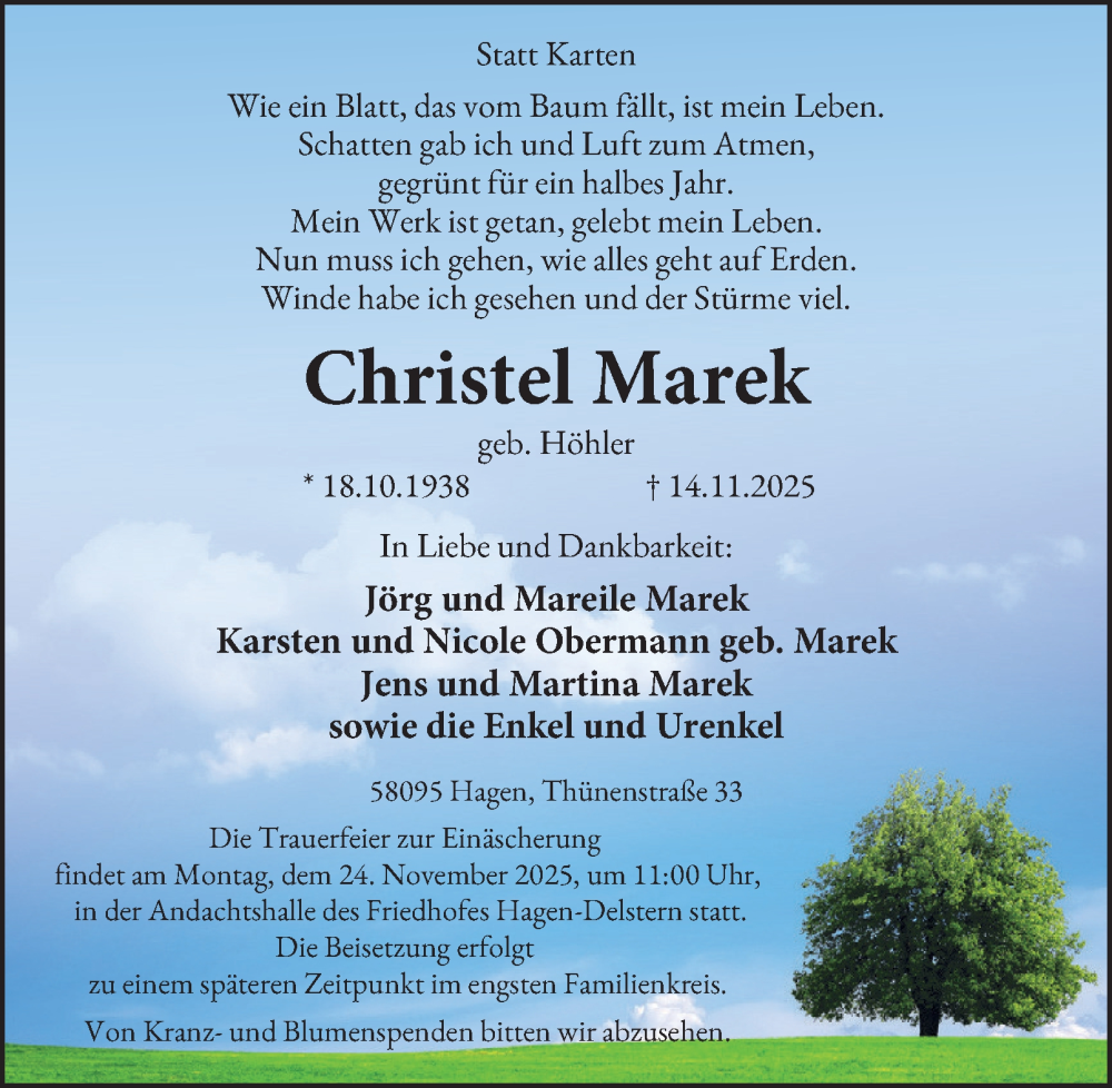  Traueranzeige für Christel Marek vom 22.11.2025 aus Tageszeitung