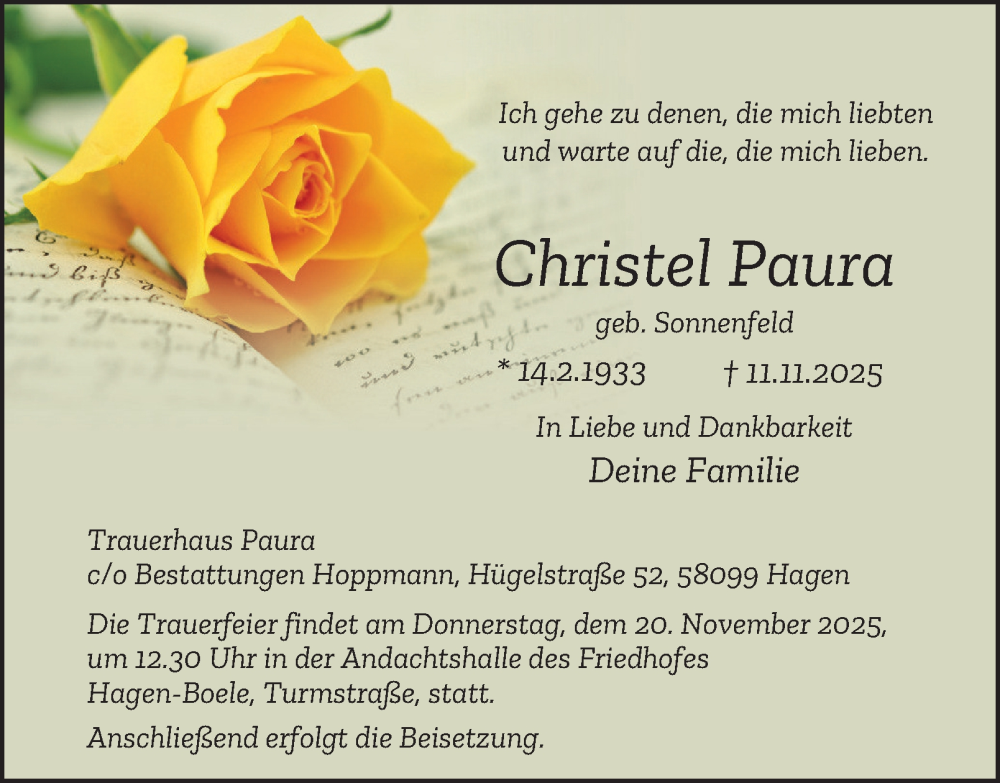  Traueranzeige für Christel Paura vom 15.11.2025 aus Tageszeitung