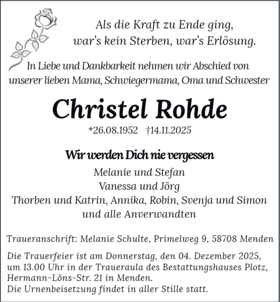  Traueranzeige für Christel Rohde vom 29.11.2025 aus Tageszeitung