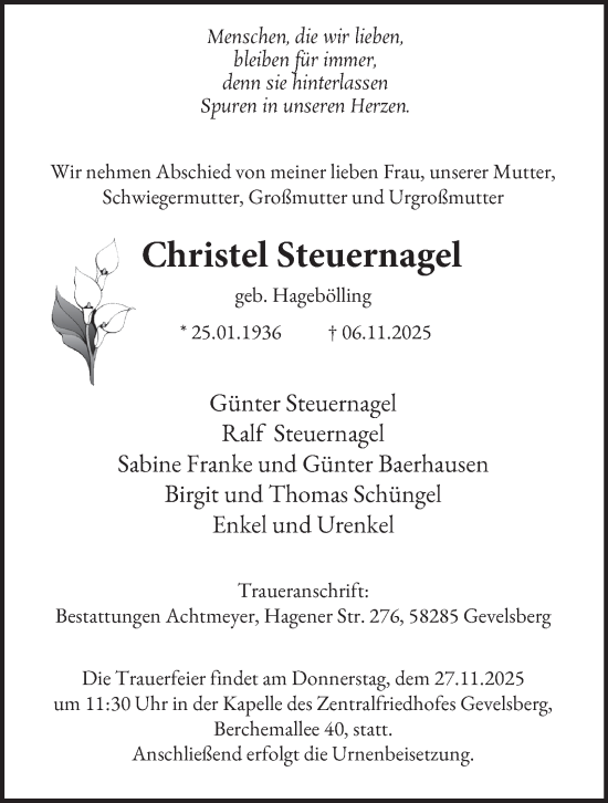 Traueranzeige von Christel Steuernagel von Tageszeitung