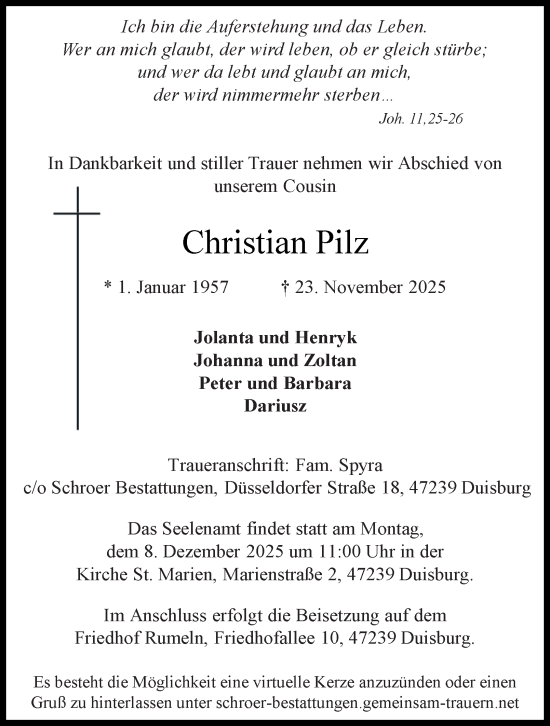 Traueranzeige von Christian Pilz von Tageszeitung